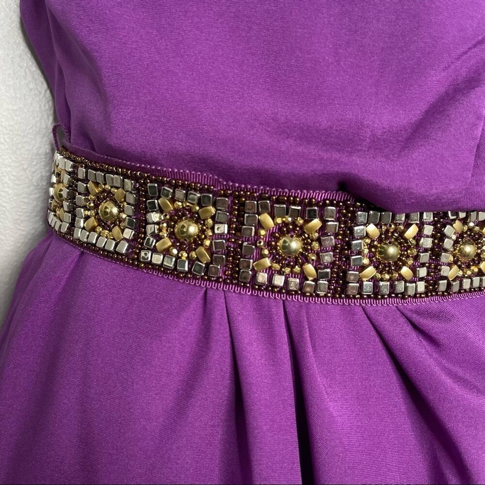 TRINA TURK Silk Dress Womens Size 8 One Shoulder Beaded Belted Mini Party Purple - Picture 4 of 11